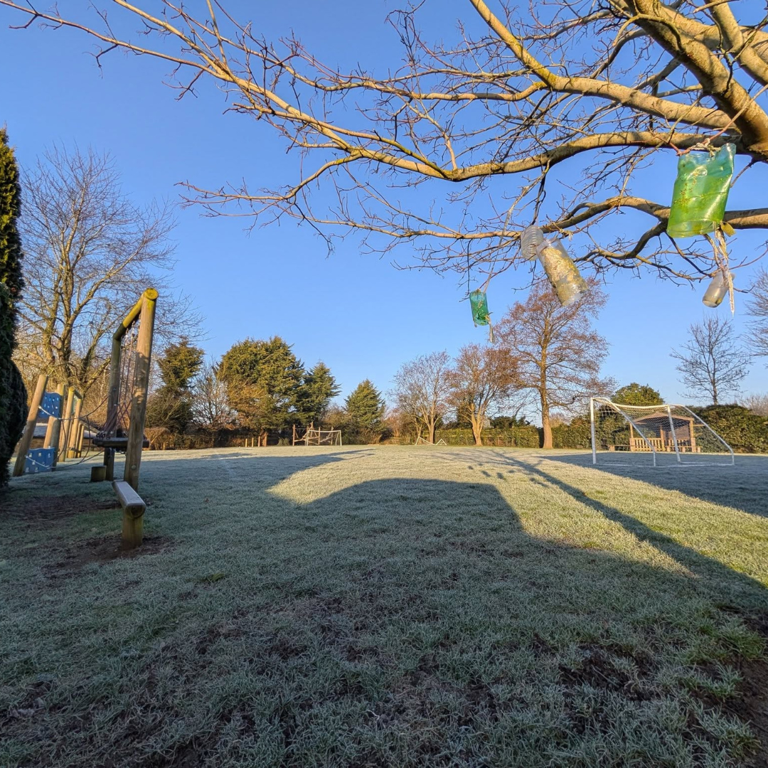 Blue skies and a frosty field at Rothersthorpe's large outdoor space in March